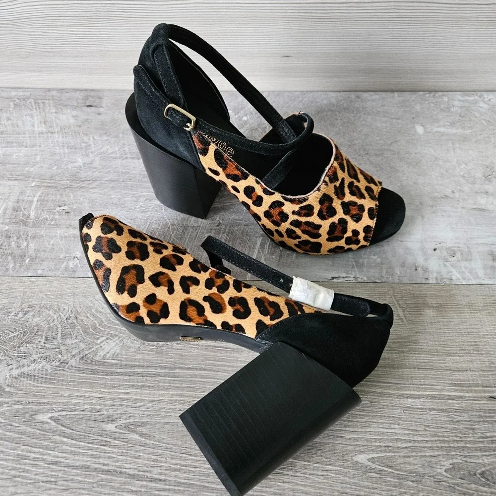 LuLaRoe Leopard Print Sandals Womens 7.5 Block Heel Open Toe Strappy Faux Suede